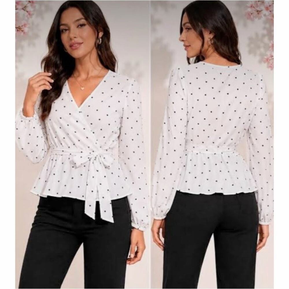 Shein Clasi confetti heart print overlap collar belted wrap blouse sz 8/10